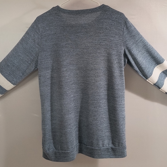 Women's Large Blue W/White Sleeve Stripes Crew Neck Sweater - Picture 7 of 10